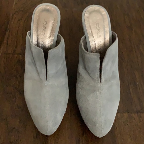 Jessica Bennett light gray suede platform mules. - Picture 10 of 17